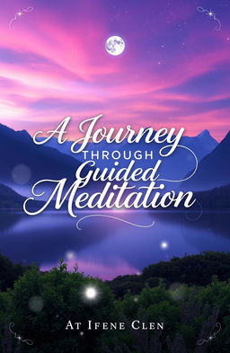 A mystical book cover for 'A Journey Through Guided Meditation', featuring a serene landscape that blends elements of fantasy and tranquility