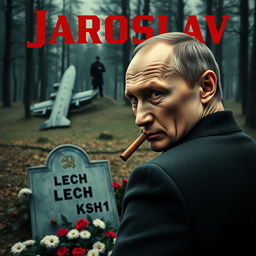 A high-quality, realistic criminal movie poster featuring Vladimir Putin in the foreground, smoking a cigar while glancing over his shoulder directly at the camera with an intense expression