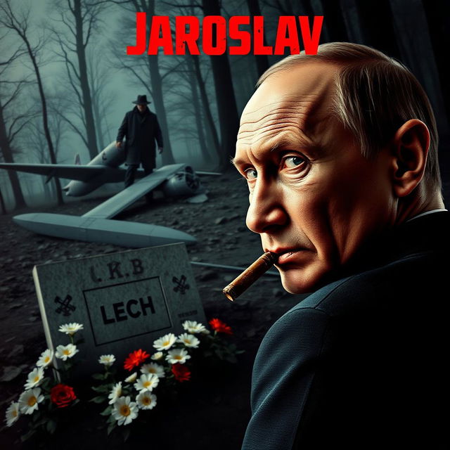 A high-quality, realistic criminal movie poster featuring Vladimir Putin in the foreground, smoking a cigar while glancing over his shoulder directly at the camera with an intense expression