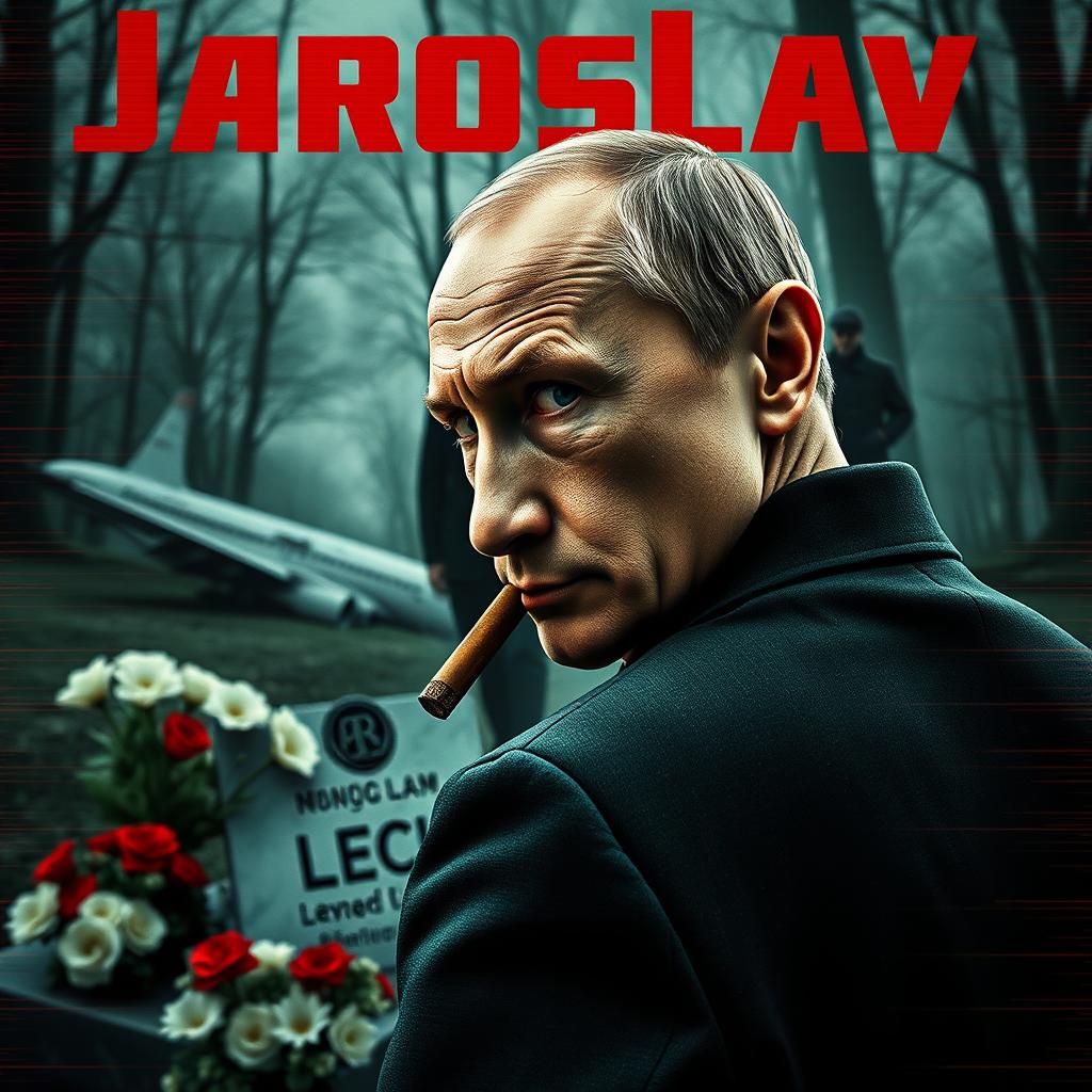 A high-quality, realistic criminal movie poster featuring Vladimir Putin in the foreground, smoking a cigar while glancing over his shoulder directly at the camera with an intense expression