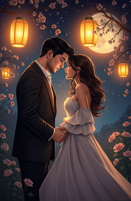 A passionate and tormented love scene between two lovers in a moonlit garden