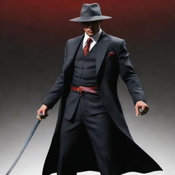 A unique vision of a hero dressed in mafia garb, wielding a sharp samurai sword in one hand and a menacing sickle in the other, exhibiting both power and menace in equal measure.