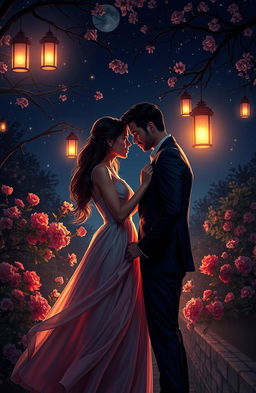 A passionate and tormented love scene between two lovers in a moonlit garden