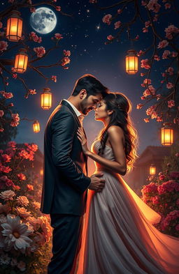 A passionate and tormented love scene between two lovers in a moonlit garden