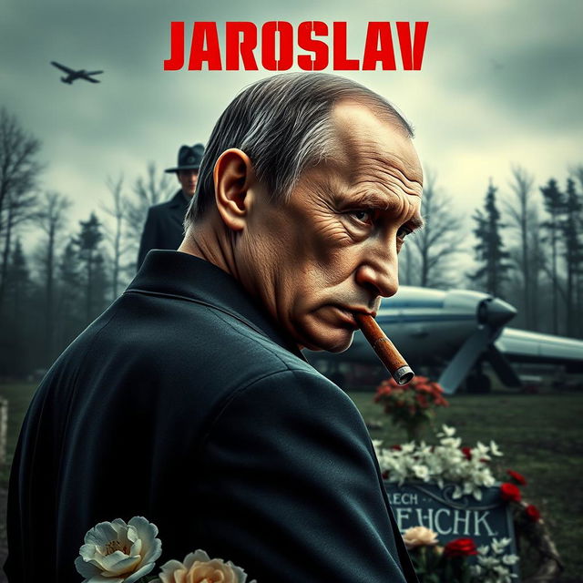 A high-quality, realistic criminal movie poster featuring Vladimir Putin in the foreground, smoking a cigar while glancing over his shoulder at the camera with a serious expression