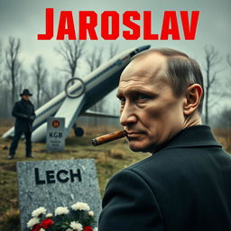 A high-quality, realistic criminal movie poster featuring Vladimir Putin in the foreground, smoking a cigar while glancing over his shoulder at the camera with a serious expression