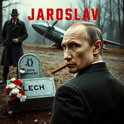 A high-quality, realistic criminal movie poster featuring Vladimir Putin in the foreground, smoking a cigar while glancing over his shoulder at the camera with a serious expression