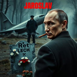 A high-quality, realistic criminal movie poster featuring Vladimir Putin in the foreground, smoking a cigar while glancing over his shoulder at the camera with a serious expression