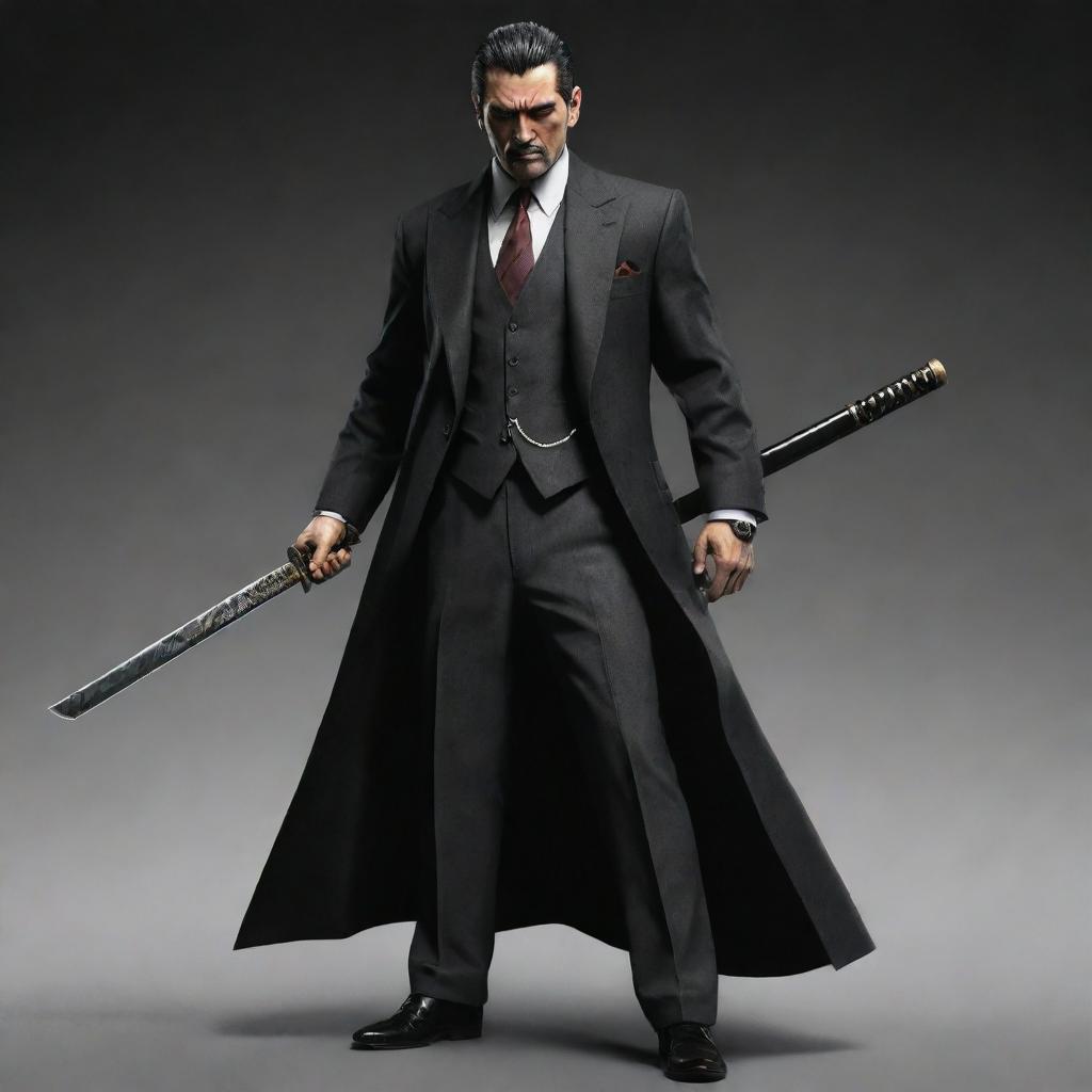 A unique vision of a hero dressed in mafia garb, wielding a sharp samurai sword in one hand and a menacing sickle in the other, exhibiting both power and menace in equal measure.