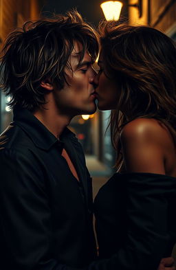A passionate and intense scene depicting a dramatic kiss between two lovers, showcasing a rich emotional connection filled with turmoil