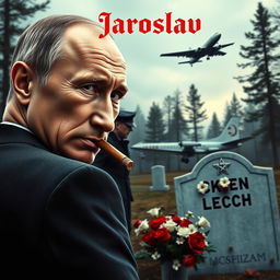 A high-quality, realistic criminal movie poster featuring Vladimir Putin in the foreground, smoking a cigar while looking over his shoulder at the camera with a serious expression