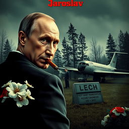 A high-quality, realistic criminal movie poster featuring Vladimir Putin in the foreground, smoking a cigar while looking over his shoulder at the camera with a serious expression