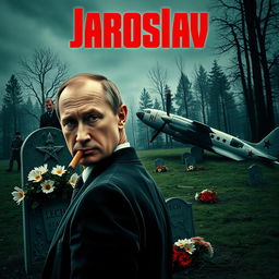 A high-quality, realistic criminal movie poster featuring Vladimir Putin in the foreground, smoking a cigar while looking over his shoulder at the camera with a serious expression