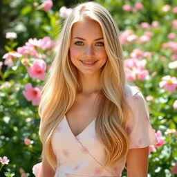 A 20-year-old lady with long, flowing blonde hair and striking blue eyes, wearing a pale pink dress adorned with subtle, vague flower patterns