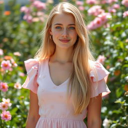 A 20-year-old lady with long, flowing blonde hair and striking blue eyes, wearing a pale pink dress adorned with subtle, vague flower patterns