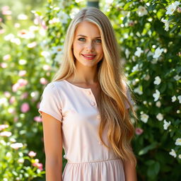 A 20-year-old lady with long, flowing blonde hair and striking blue eyes, wearing a pale pink dress adorned with subtle, vague flower patterns