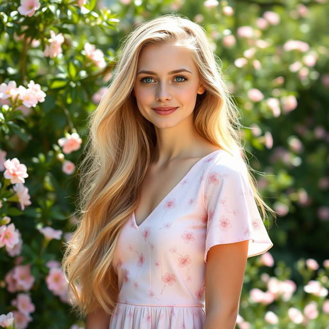 A 20-year-old lady with long, flowing blonde hair and striking blue eyes, wearing a pale pink dress adorned with subtle, vague flower patterns