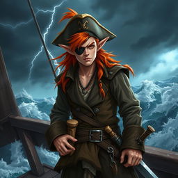 A male elf with vibrant orange hair, dressed as a rugged pirate