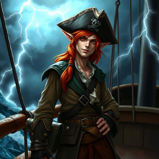 A male elf with vibrant orange hair, dressed as a rugged pirate