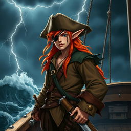 A male elf with vibrant orange hair, dressed as a rugged pirate