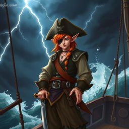 A male elf with vibrant orange hair, dressed as a rugged pirate