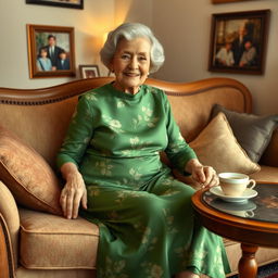A charming elderly woman, affectionately known as grandma, wearing a beautiful green dress that has floral patterns