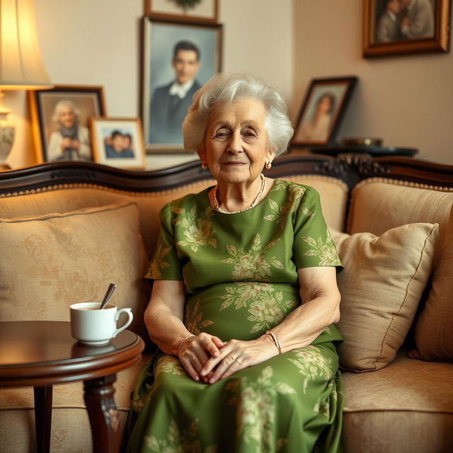 A charming elderly woman, affectionately known as grandma, wearing a beautiful green dress that has floral patterns