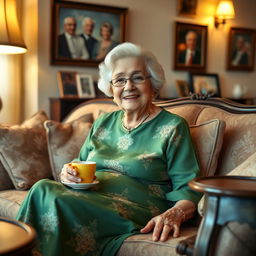 A charming elderly woman, affectionately known as grandma, wearing a beautiful green dress that has floral patterns