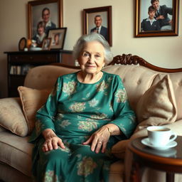 A charming elderly woman, affectionately known as grandma, wearing a beautiful green dress that has floral patterns