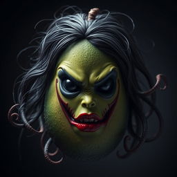 A menacing and realistic feminine avocado with a deep black exterior and rich brown flesh peeking through, illustrating a dark and sinister character