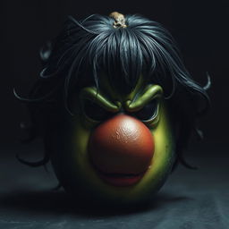 A menacing and realistic feminine avocado with a deep black exterior and rich brown flesh peeking through, illustrating a dark and sinister character