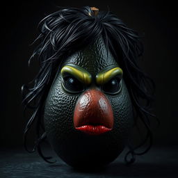 A menacing and realistic feminine avocado with a deep black exterior and rich brown flesh peeking through, illustrating a dark and sinister character