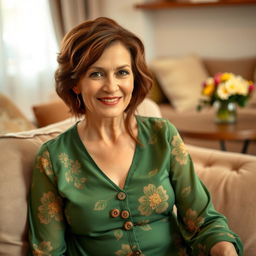 A warm and cozy living room setting featuring a young grandma with brown hair, styled elegantly, sitting comfortably on a soft sofa