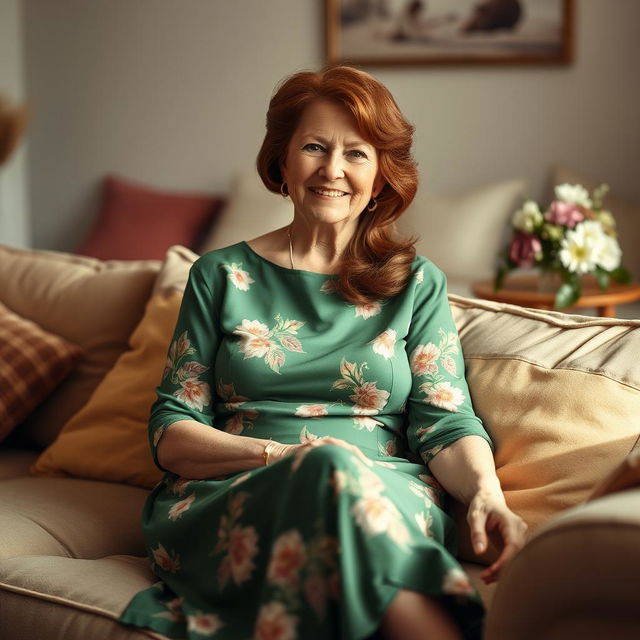 A warm and cozy living room setting featuring a young grandma with brown hair, styled elegantly, sitting comfortably on a soft sofa