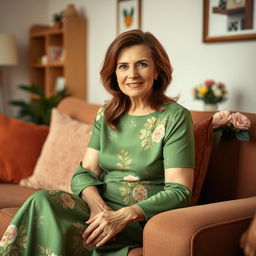 A warm and cozy living room setting featuring a young grandma with brown hair, styled elegantly, sitting comfortably on a soft sofa