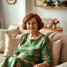 A warm and cozy living room setting featuring a young grandma with brown hair, styled elegantly, sitting comfortably on a soft sofa