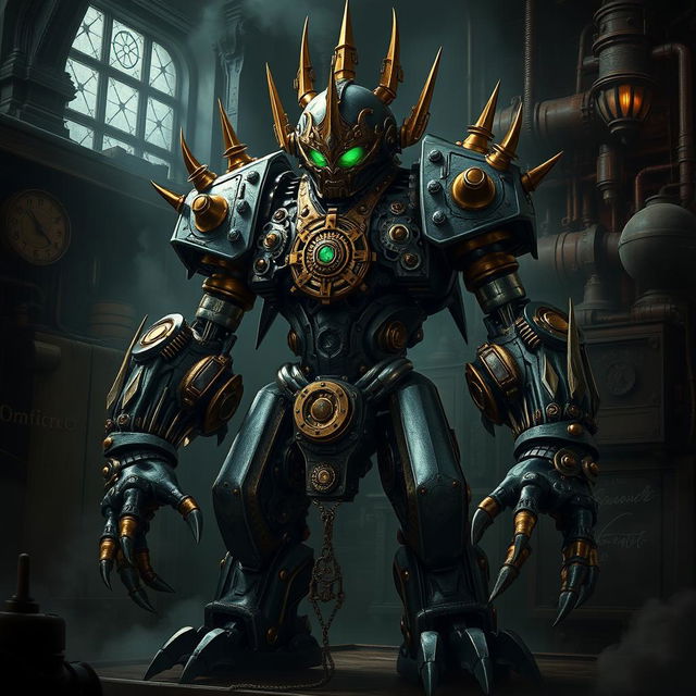 A menacing iron protector golem, crafted in a detailed steampunk style, featuring intricate gears, brass accents, and glowing emerald eyes