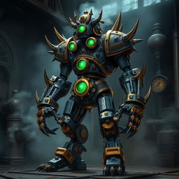A menacing iron protector golem, crafted in a detailed steampunk style, featuring intricate gears, brass accents, and glowing emerald eyes