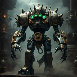 A menacing iron protector golem, crafted in a detailed steampunk style, featuring intricate gears, brass accents, and glowing emerald eyes