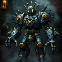 A menacing iron protector golem, crafted in a detailed steampunk style, featuring intricate gears, brass accents, and glowing emerald eyes