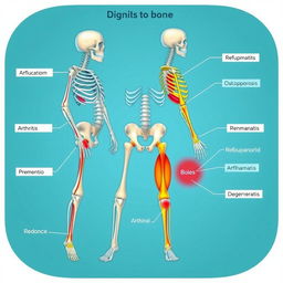 A detailed illustration of various joint and bone diseases, showcasing a human skeleton with highlighted areas affected by conditions such as arthritis, osteoporosis, and rheumatoid arthritis