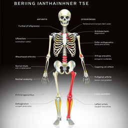 A detailed illustration of various joint and bone diseases, showcasing a human skeleton with highlighted areas affected by conditions such as arthritis, osteoporosis, and rheumatoid arthritis