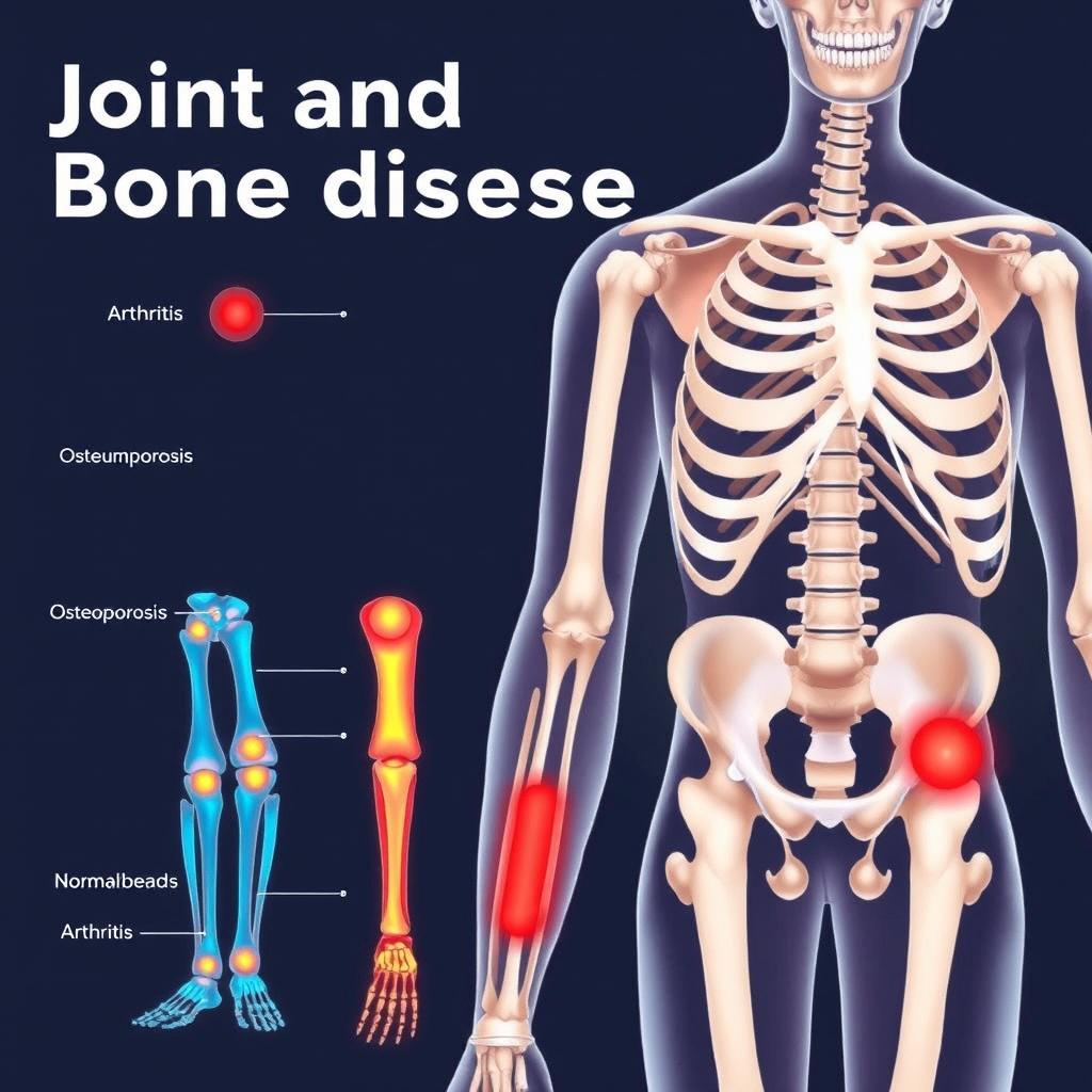 A detailed illustration of various joint and bone diseases, showcasing a human skeleton with highlighted areas affected by conditions such as arthritis, osteoporosis, and rheumatoid arthritis