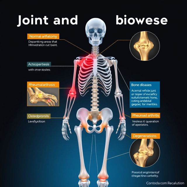 A detailed illustration of various joint and bone diseases, showcasing a human skeleton with highlighted areas affected by conditions such as arthritis, osteoporosis, and rheumatoid arthritis