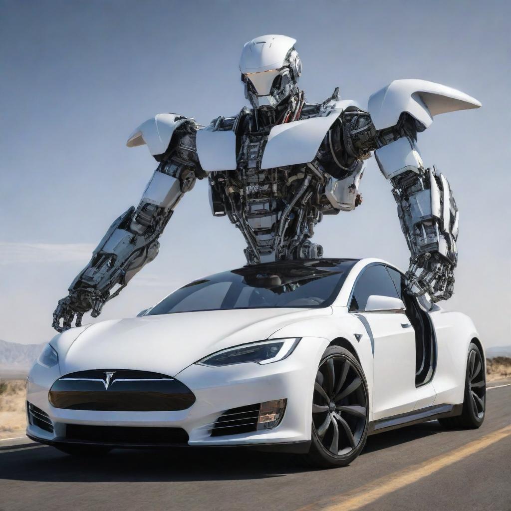 An awe-inspiring depiction of a Tesla car transforming into an advanced mecha. It maintains its sleek electric car design aesthetic while incorporating complex robotic elements.