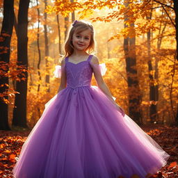A young girl with light brown hair and light brown eyes stands gracefully in a stunning purple ballgown