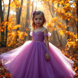 A young girl with light brown hair and light brown eyes stands gracefully in a stunning purple ballgown