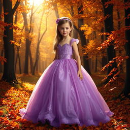 A young girl with light brown hair and light brown eyes stands gracefully in a stunning purple ballgown