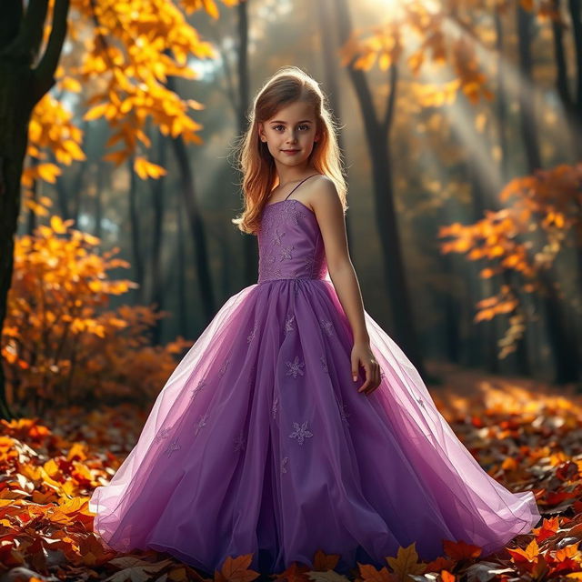 A young girl with light brown hair and light brown eyes stands gracefully in a stunning purple ballgown