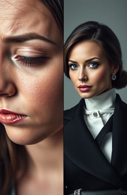 Two faces divided by a line; on one side, a sad and depressed woman, appearing as if she has lost someone, with tears in her eyes, wearing soft, muted colors to reflect her sorrow